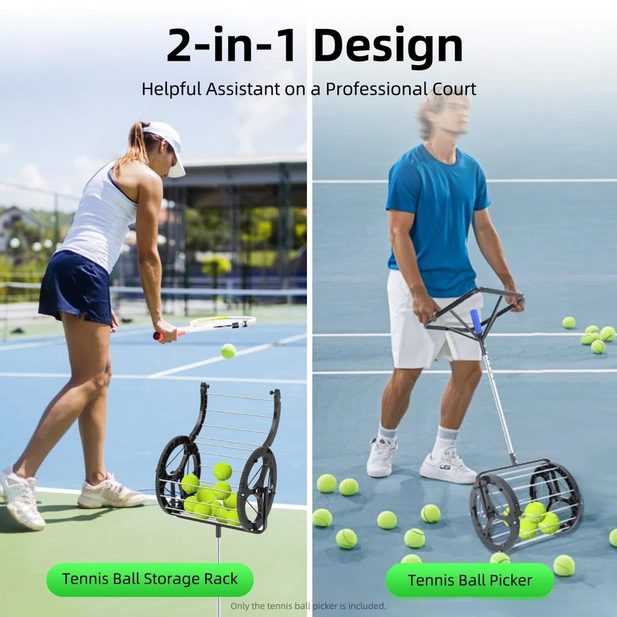 Raccoglitore per palline da tennis 2 in 1, con manico automatico, per un massimo di 80 palline, tramoggia regolabile in altezza, per raccogliere e riporre le palline