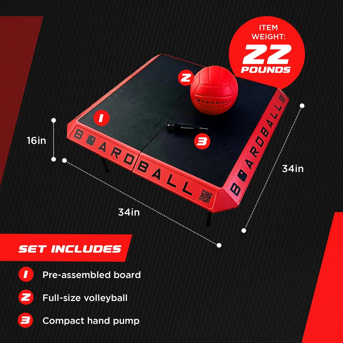 Boardball Set da gioco portatile per pallavolo, per interni ed esterni, con superficie superiore in gomma, palla a grandezza naturale e pompa a mano, rosso/nero