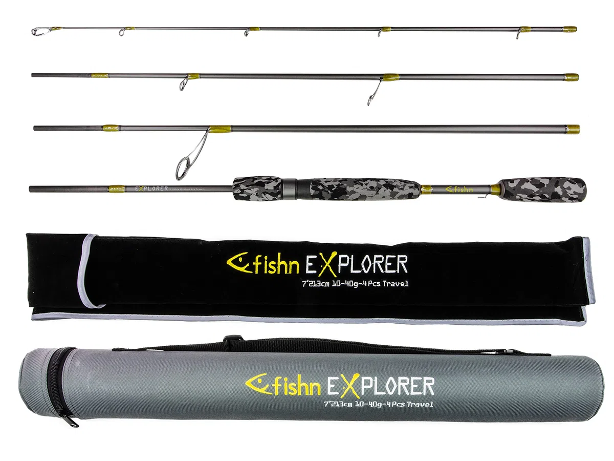 FISHN Explorer - Canna da pesca da viaggio, 213 cm, 4 pezzi, peso 10-40 g, con tubo da viaggio stabile per la pesca alla trota, al salmone, al luccio
