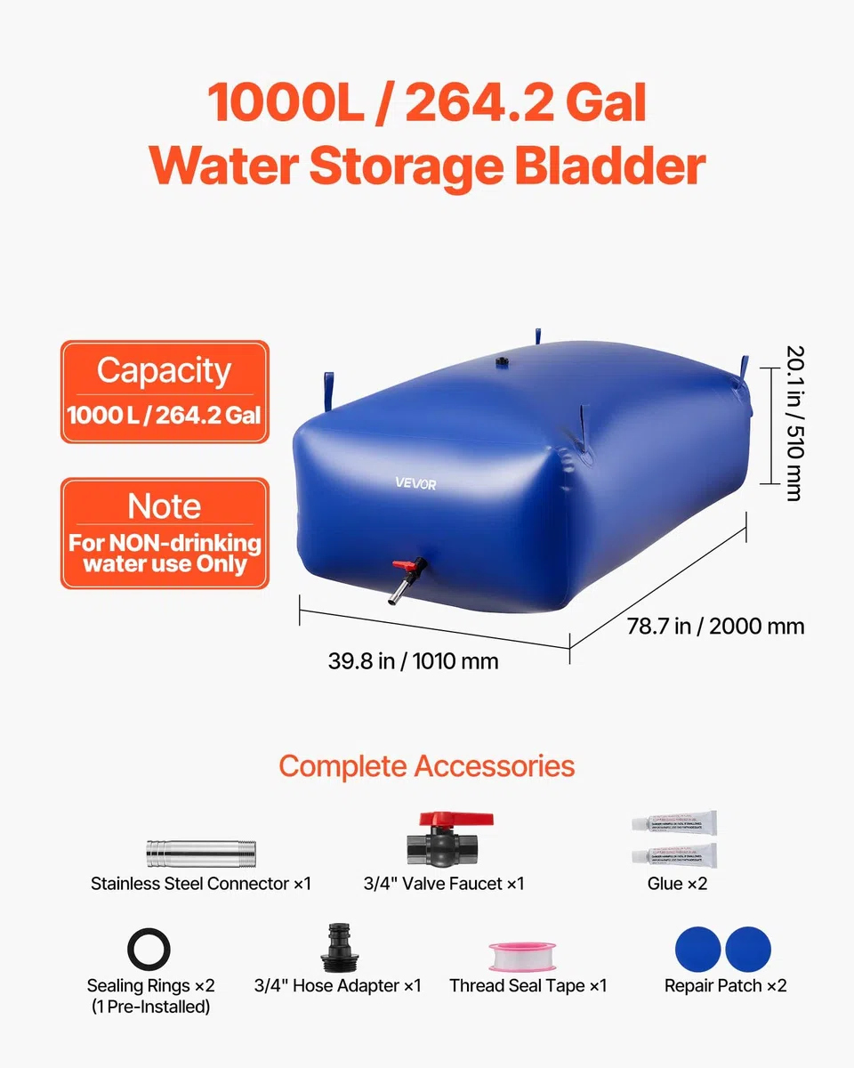 VEVOR Sacca di Stoccaggio dell'Acqua Capacità da 1000 L, Contenitore per Acqua Dolce Portatile Pieghevole, Serbatoio di Stoccaggio di Emergenza in PVC a Prova di Perdite e Antistrappo per Camper