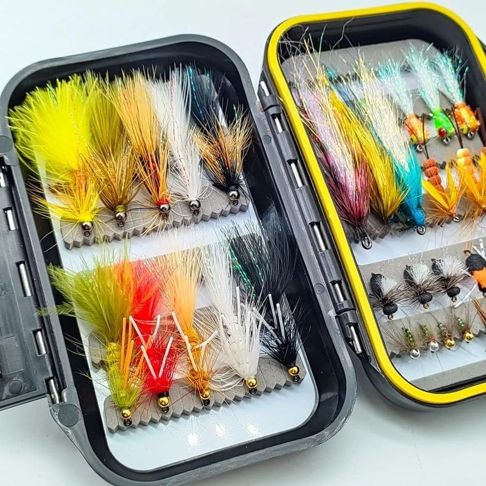Mosche Artificiali Pesca 24pz Dry Wet Nymph Carbonio(Style B 33) | Uncini carbonio affilati, 24 misti, dry wet nymph, scatola , pesca fiume lago