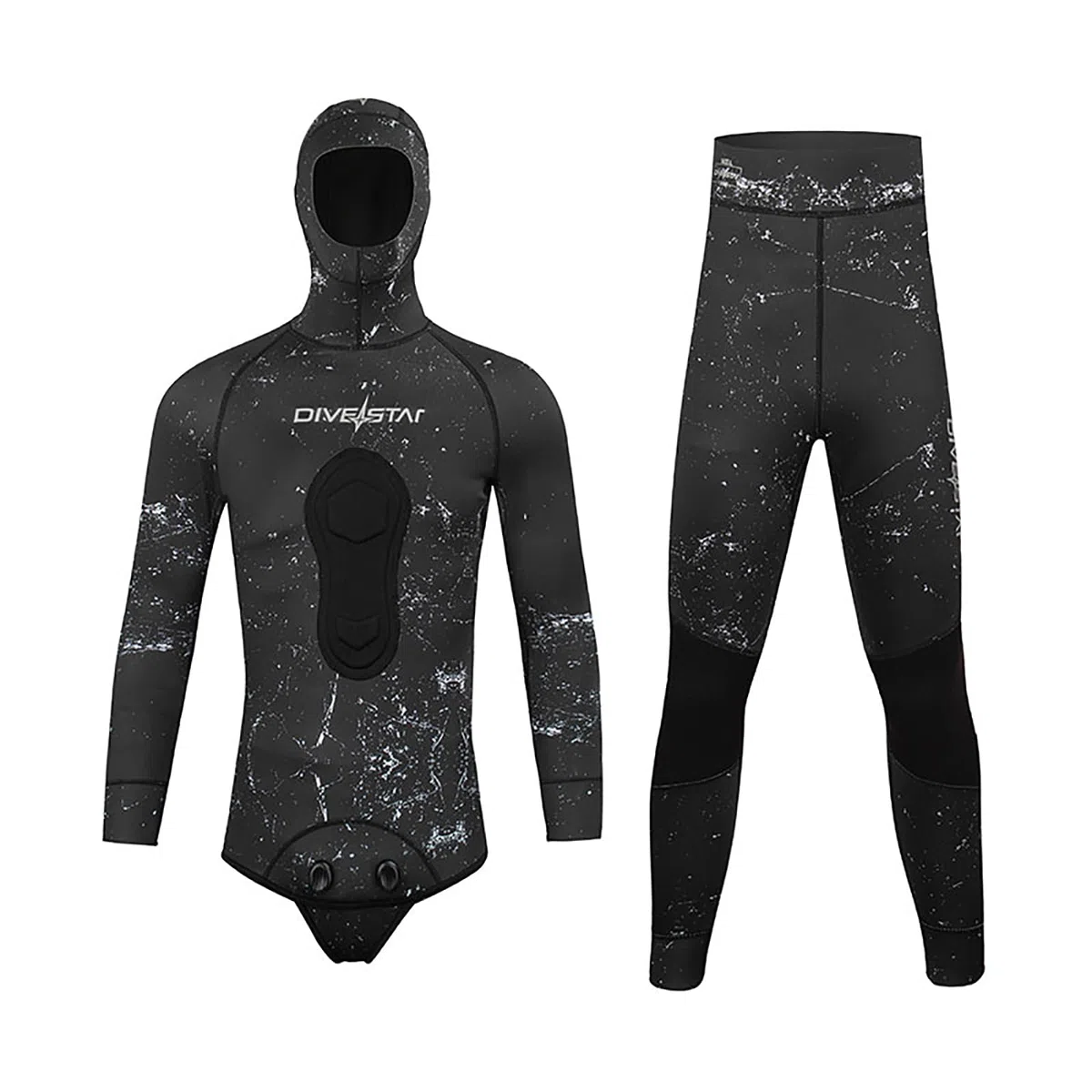 Muta Mimetica da Pesca Subacquea in Neoprene 1,5 Mm con Cappuccio – Tuta da Immersione a 2 Pezzi con Rinforzo Toracico, Ideale per Apnea e Snorkeling