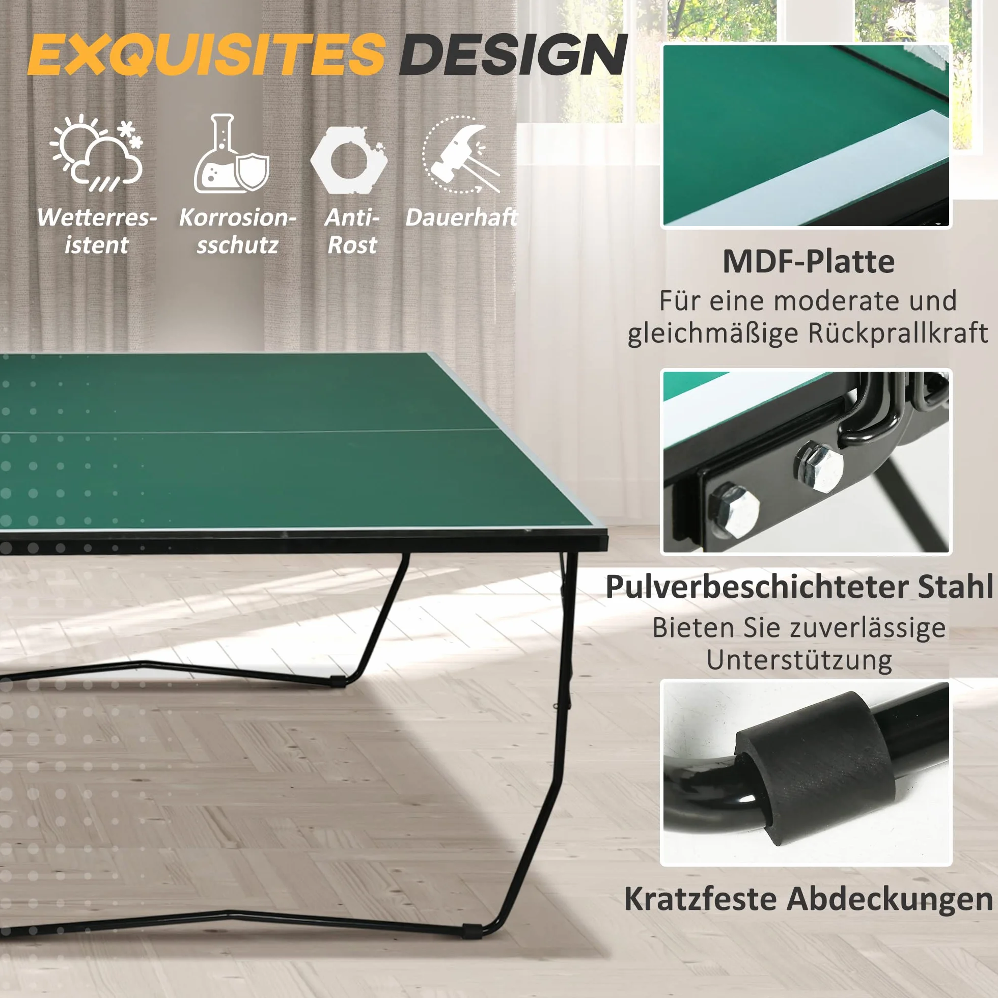Tavolo da ping pong pieghevole con ruote, set da ping pong con rete, 2 racchette e 3 palline, dimensioni standard 274 x 152 x 76 cm, pannello MDF, struttura in acciaio