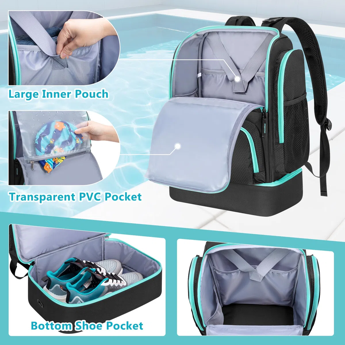 GOBUROS Borsa da Nuoto per Nuotatori con Scomparto per Scarpe, Zaino da Piscina per Uomini e Donne, Borsa con Tasche Multiple per l'Organizzazione dell'Attrezzatura
