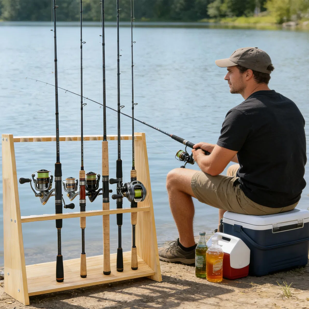 Supporto per canna da pesca in legno, per 10 canne da pesca, attrezzatura da pesca, stecche da biliardo, attrezzatura da pesca, idea regalo per uomini, pescatori, papà, 60 x 18 x 58 cm