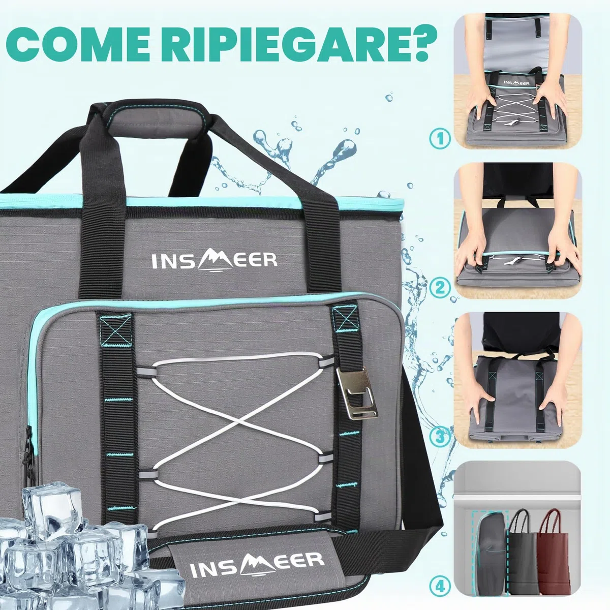 INSMEER Borsa termica Gross da 55 l, 80 cans, pieghevole, a prova di perdite e impermeabile, con apribottiglie, XXL, borsa da picnic e shopping per gite, campeggio, spiaggia