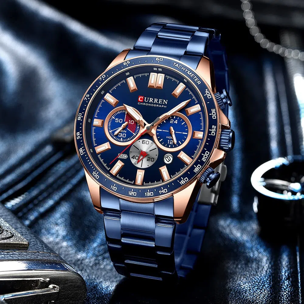 Orologio per gli Uomini Cronografo In Acciaio Inox Classico Modo Analogico Al Quarzo Grande Quadrante Casual Luminoso Orologi, Blu, L