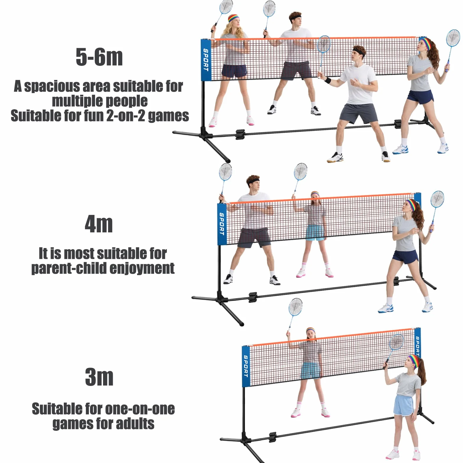 AKOZLIN Rete da badminton portatile, regolabile in altezza, con pali e borsa per il trasporto, per badminton, pallavolo, tennis, pickleball, calcio, tennis, facile installazione, 3 m/4,1 m/5,1 m