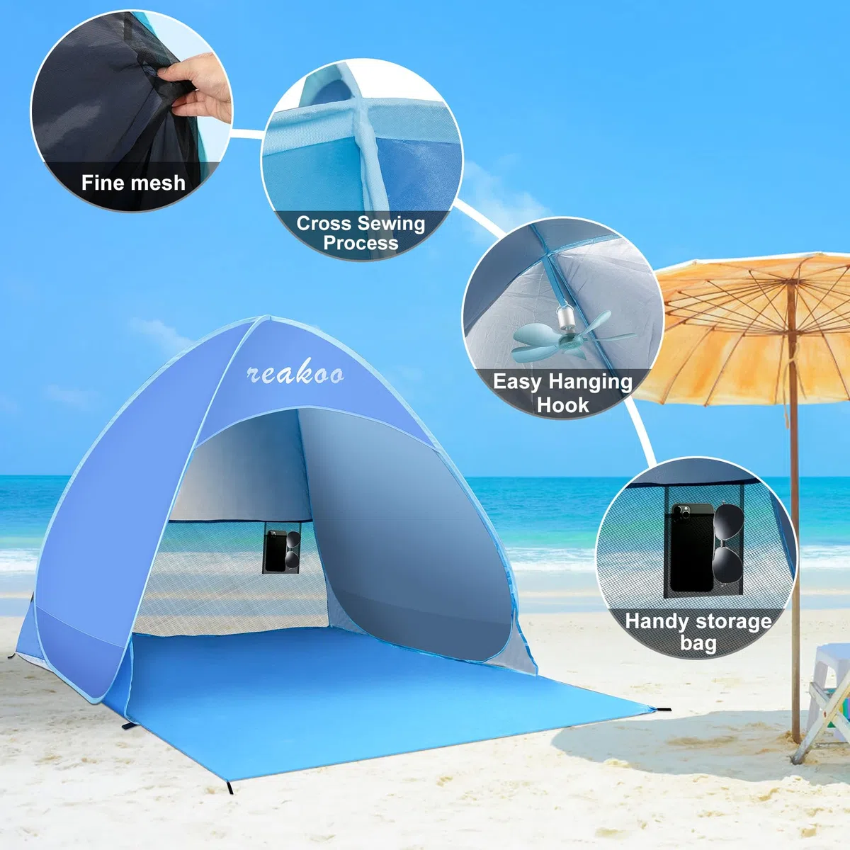 Tenda da Spiaggia Portatile, Protezione Solare UPF 50+ Tenda Spiaggia Pop Up, Automatico Leggero Tenda Mare Spiaggia