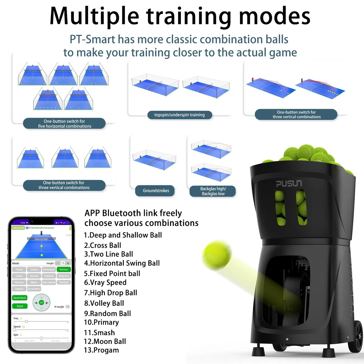 PUSUN PT-SMARTPro - Macchina per palline da padel con controllo app, programmazione a 20 punti, 12 modalità di servizio, funzione palla casuale, livelli di abilità