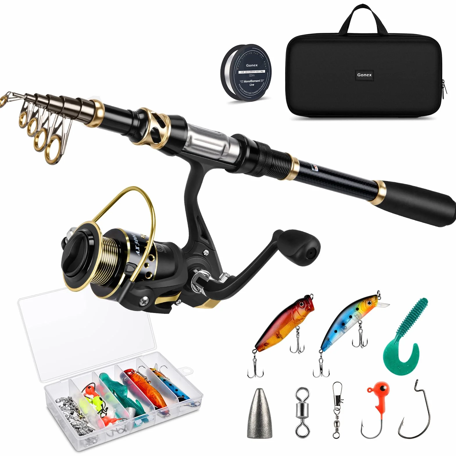 Gonex Canna da Pesca e Mulinello Combo Set di Canne Telescopica con Lenza, Kit di Esche da Pesca e Borsa per Il Trasporto