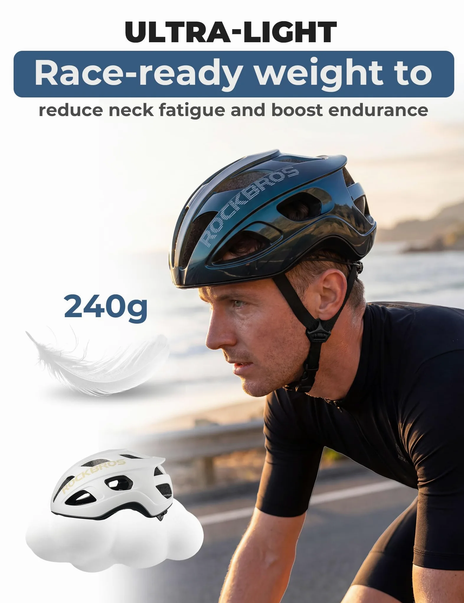 ROCKBROS Casco da bici, leggero e regolabile, per mountain bike e bici da strada, per adulti, 240 g, aerodinamica, ultraleggero, per uomo e donna, mountain bike, ibrido, pendolarismo, ghiaia, 58-62 cm