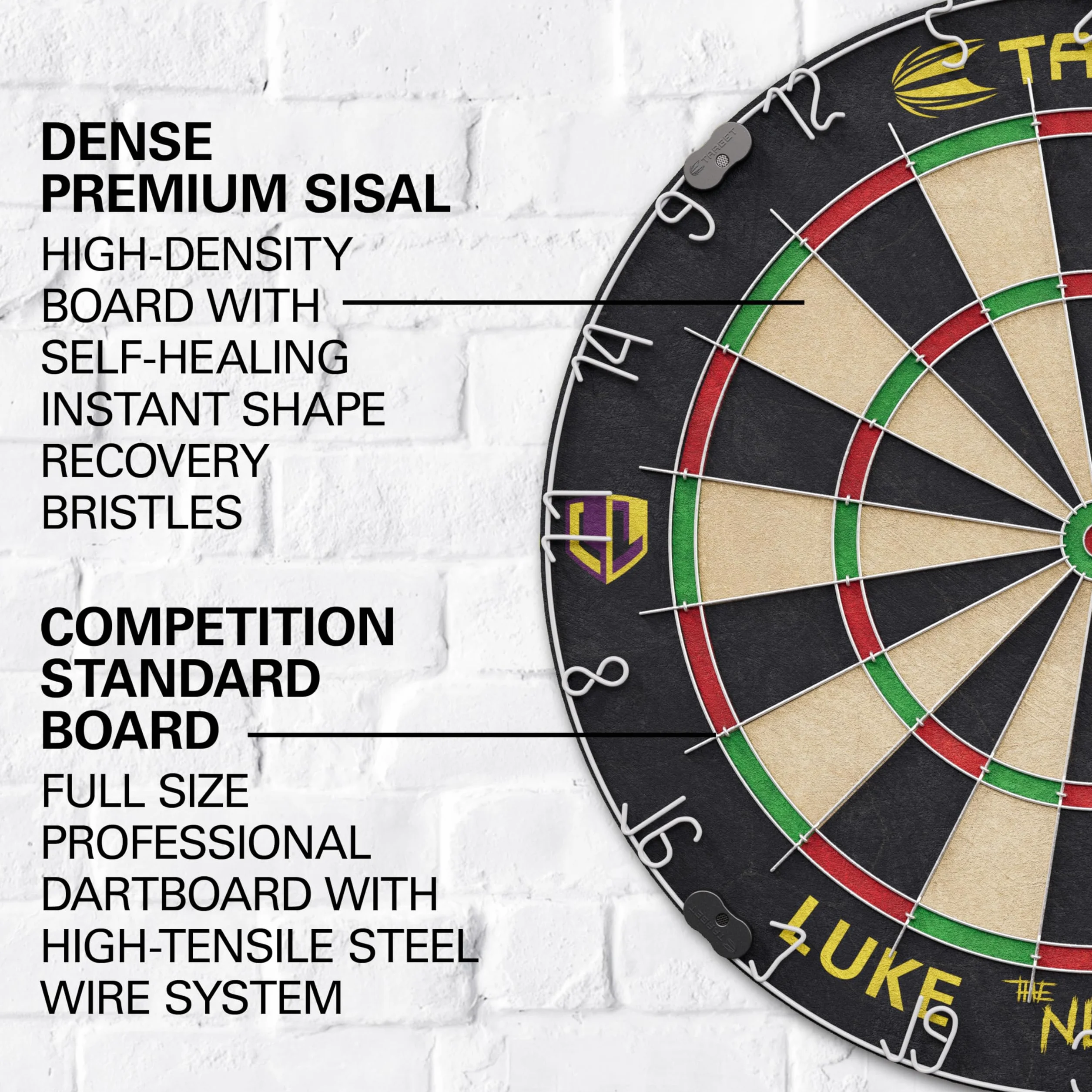 Target Darts Player Dartboard Set | Luke Littler/Dimitri Van den Bergh/Gabriel Clemens | Player Edition Dart Board con 2 Set di Freccette con punta in Acciaio, Linea di Lancio Standard da Competizione