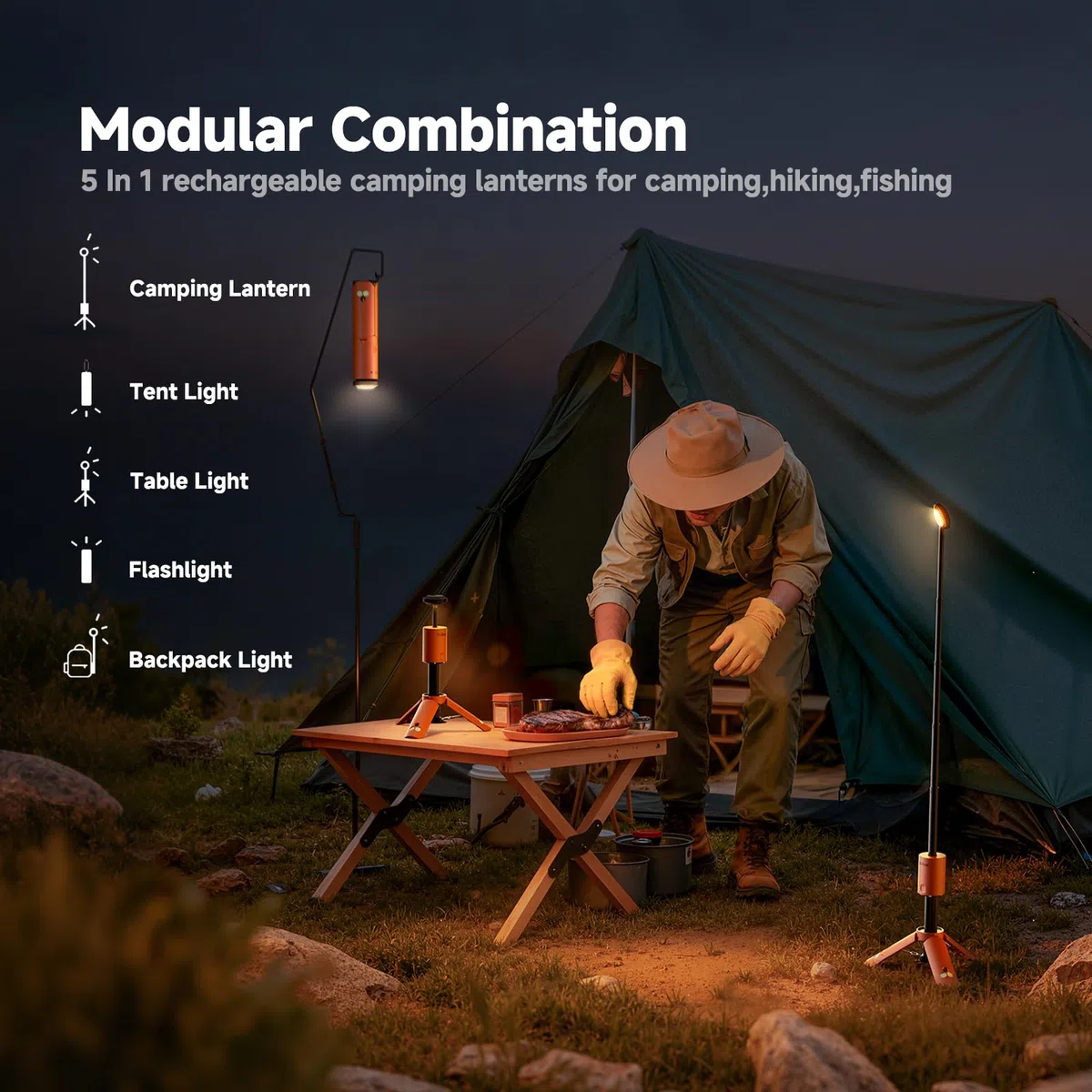 Outask Lampada da campeggio telescopica, lanterna magnetica pieghevole da campeggio con batteria da 12000 mAh, torce telescopiche impermeabili IPX6/IPX7, lampada da campeggio per emergenza, campeggio