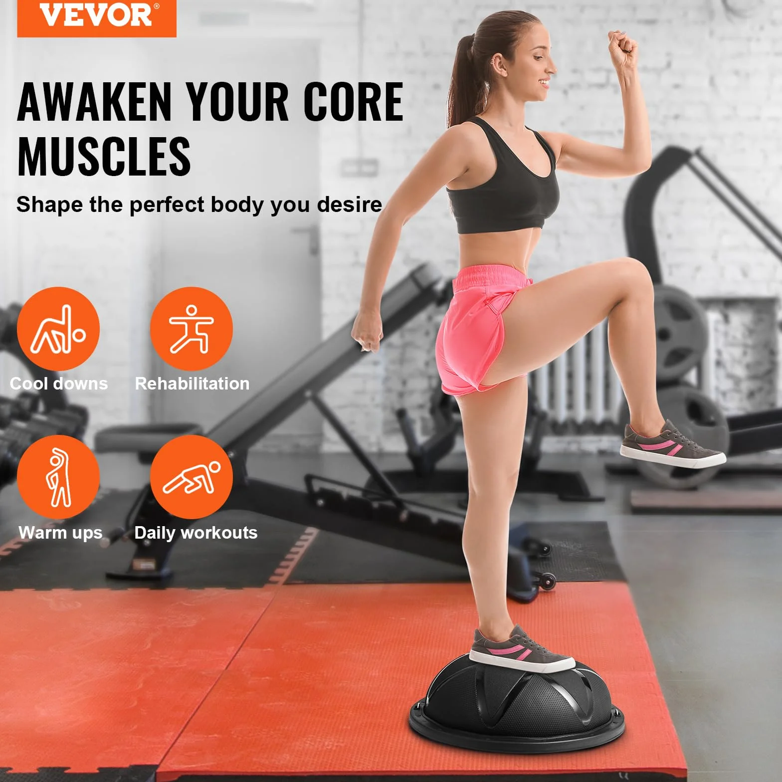 VEVOR Mezzo Allenatore Palla Capacità Portante 300 kg, per Esercizi, Equilibrio, Stabilità Palla Yoga Fitness con Fasce di Resistenza Pompa a Pedale, Allenamento Corpo di Palestra Casa, 58 cm Nero