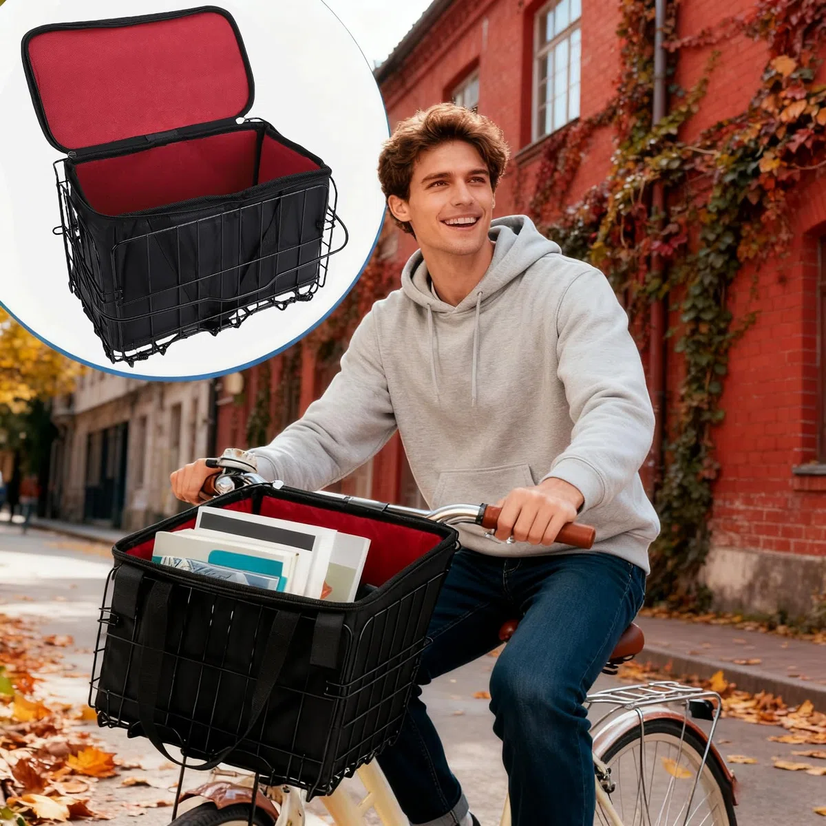 Kit cestino anteriore per bicicletta, a sgancio rapido, in metallo, staccabile, con borsa rimovibile per generi alimentari, animali domestici, biciclette