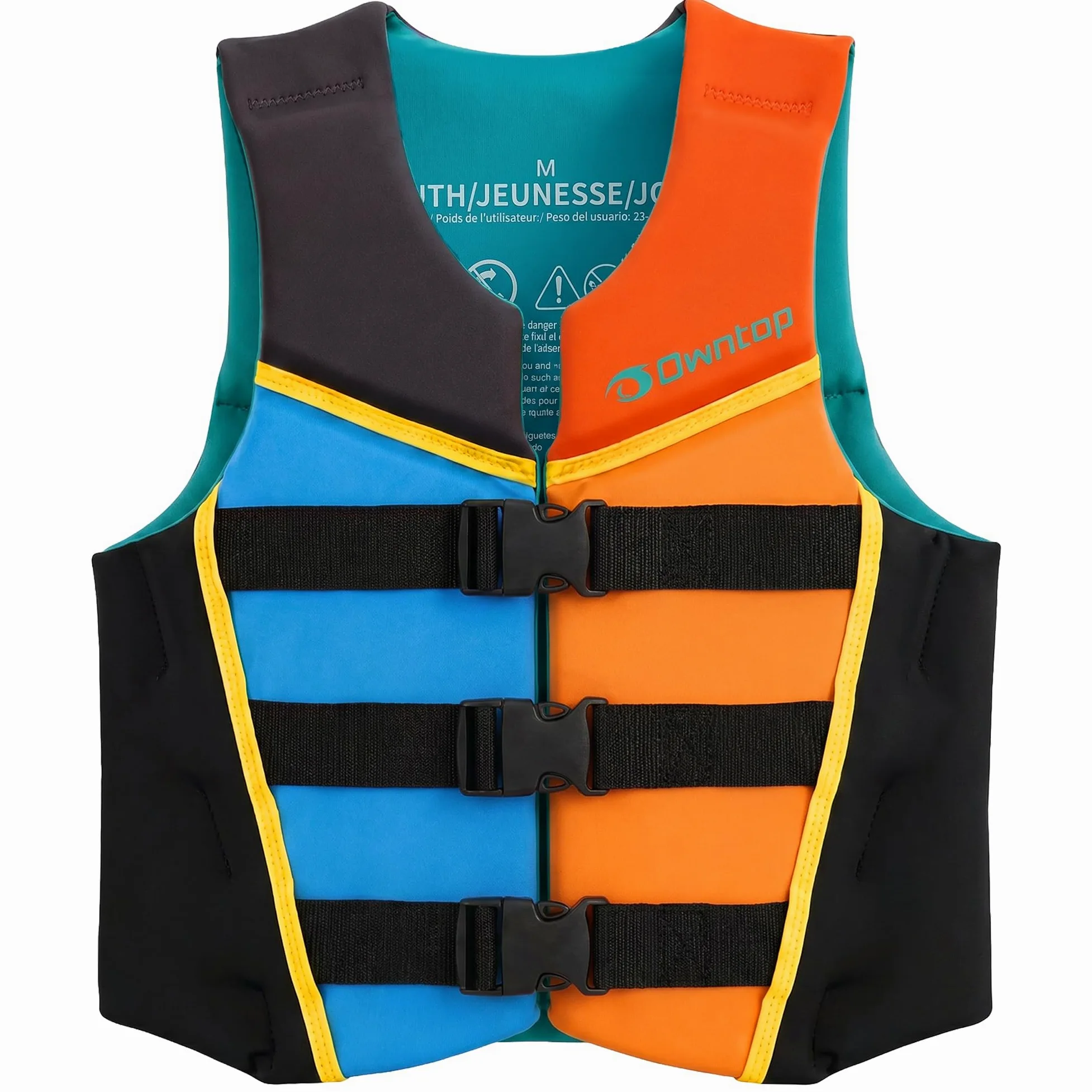 Owntop Gilet da Nuoto Junio, Aiuto al Galleggiamento in Neoprene per Ragazzi e Bambini con Tre Cinghie di Sicurezza Regolabili, Gilet Galleggiante Leggero per Kayak, Barca e PaddleMulticoloreL