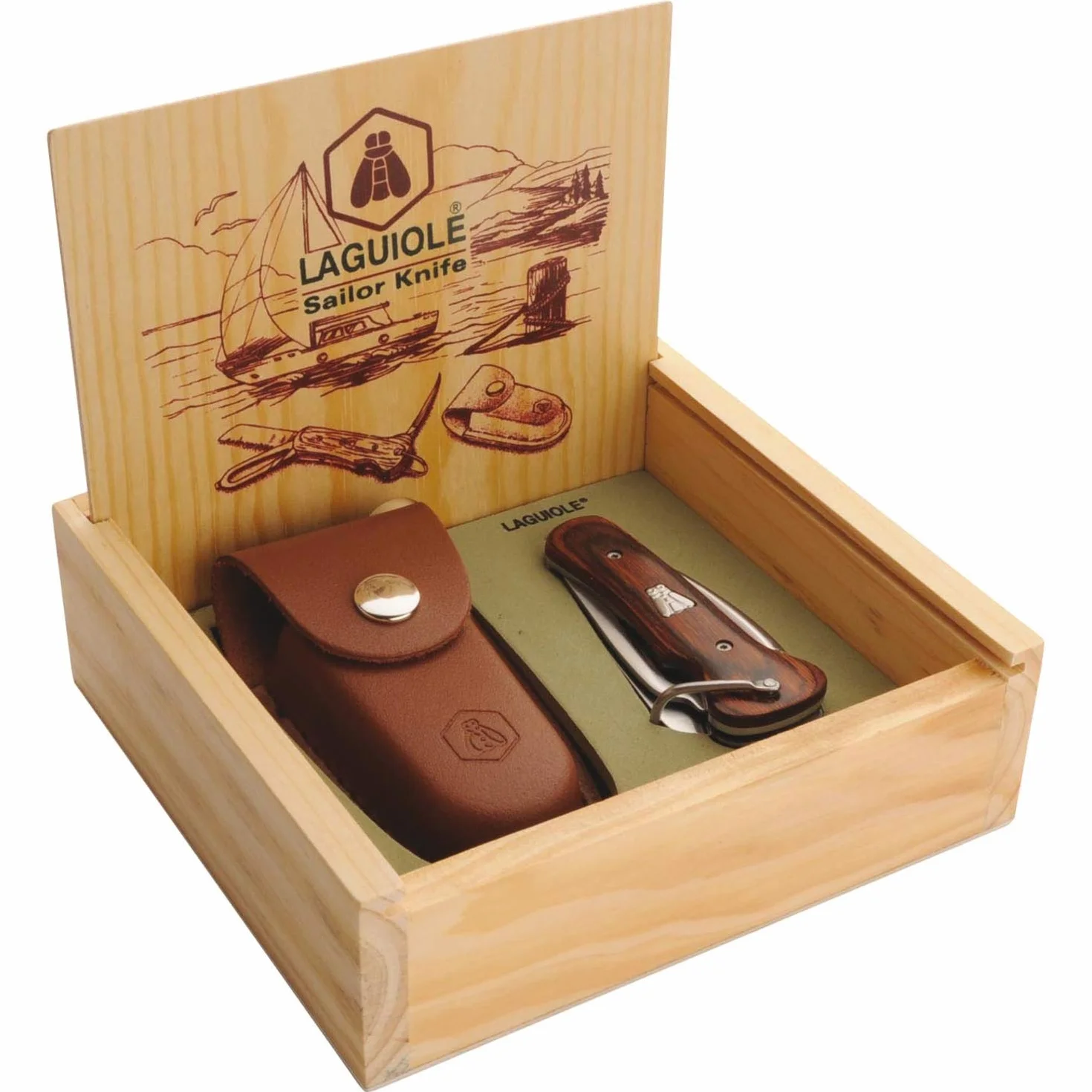 LAGUIOLE - Coltello marinaio pieghevole - Acciaio inossidable, Legno di Pakka - Scatola regalo - Coltello multifunzione - Viene fornito con una custodia in pelle con clip per cintura - Confezione regalo - acciaio inossidabile, legno di pakka, pelle - Marr