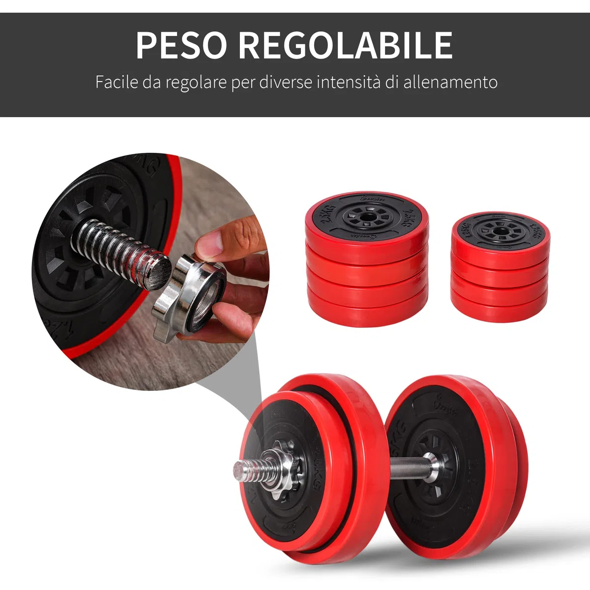 HOMCOM Set di Manubri Pesi 2 in 1 da 20/30kg, Dischi con Rivestimento in Plastica Antigraffio, Rosso e Nero