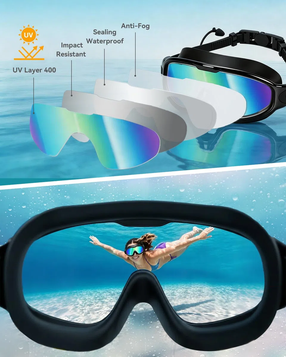Confezione da 2 occhialini da nuoto anti-appannamento per adulti, protezione UV, visione ampia, senza perdite, HD, con tappi per il naso e clip per le orecchie, per donne, uomini, ragazzi, ragazzi e