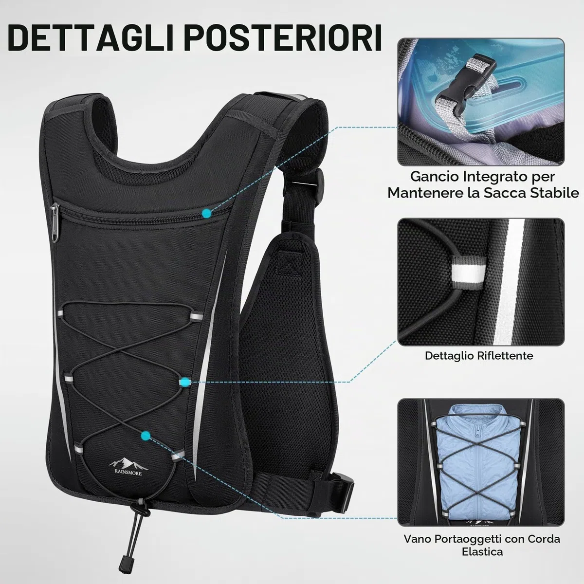 RAINSMORE Gilet Running Uomo Donna con Vescica 2L, Zaino Trail Running Leggero Traspirante, Zaino Idratazione, Impermeabile, Antigraffio per Corsa, Trail Running, Ciclismo, Trekking