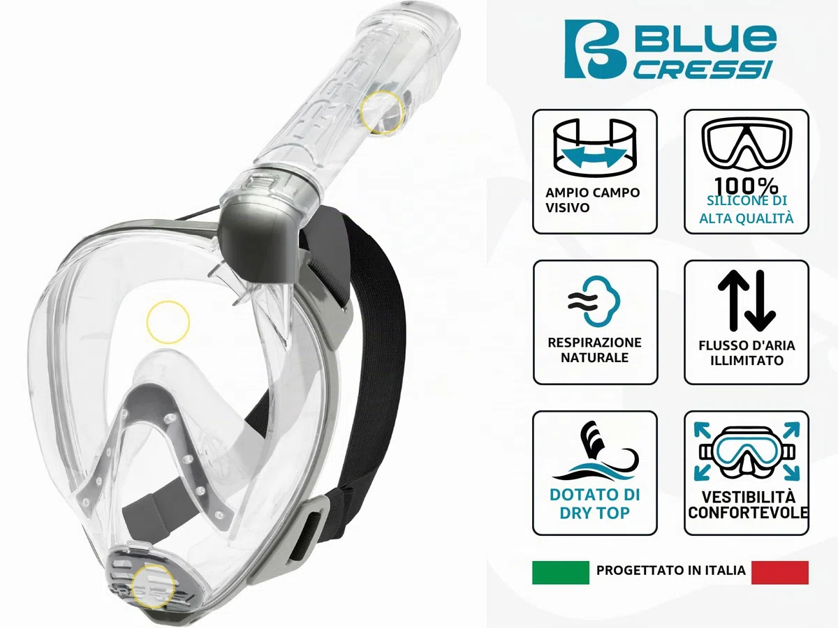 CRESSI Baron Full Face Mask - Maschera Integrale Antiappannamento con Valvola di Scarico e Snorkel Dry