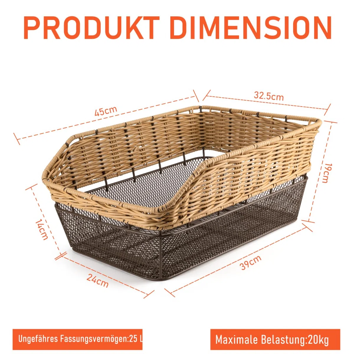 Cestino posteriore per bicicletta Weave, grande, 25 l, con portata fino a 20 kg, base in metallo, cestino per la scuola, per Rennard, resistente alle intemperie, non arrugginisce, e-bike