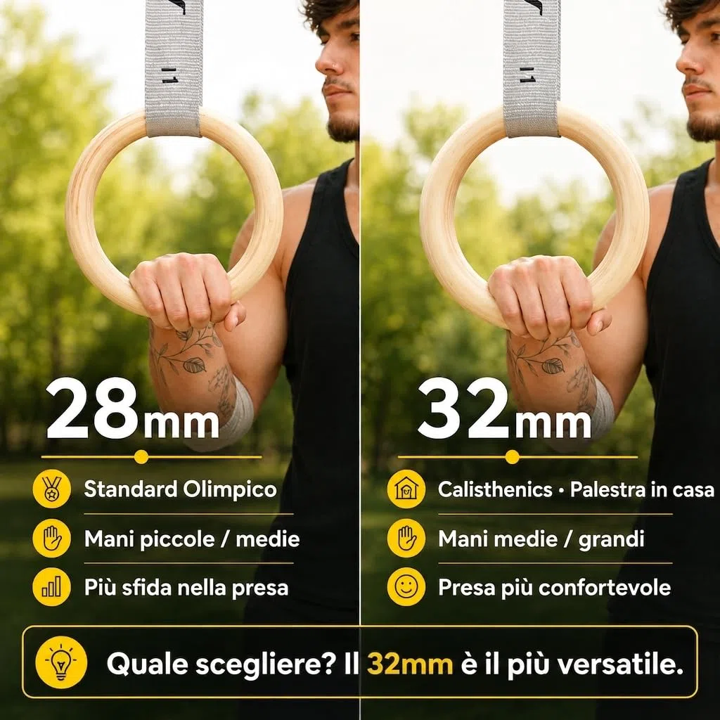 Gorletic - Anelli da ginnastica, anelli di legno da 28 e 32 mm di spessore, 4,5 m di cinghia rinforzata e marcata - qualità professionale (28mm)