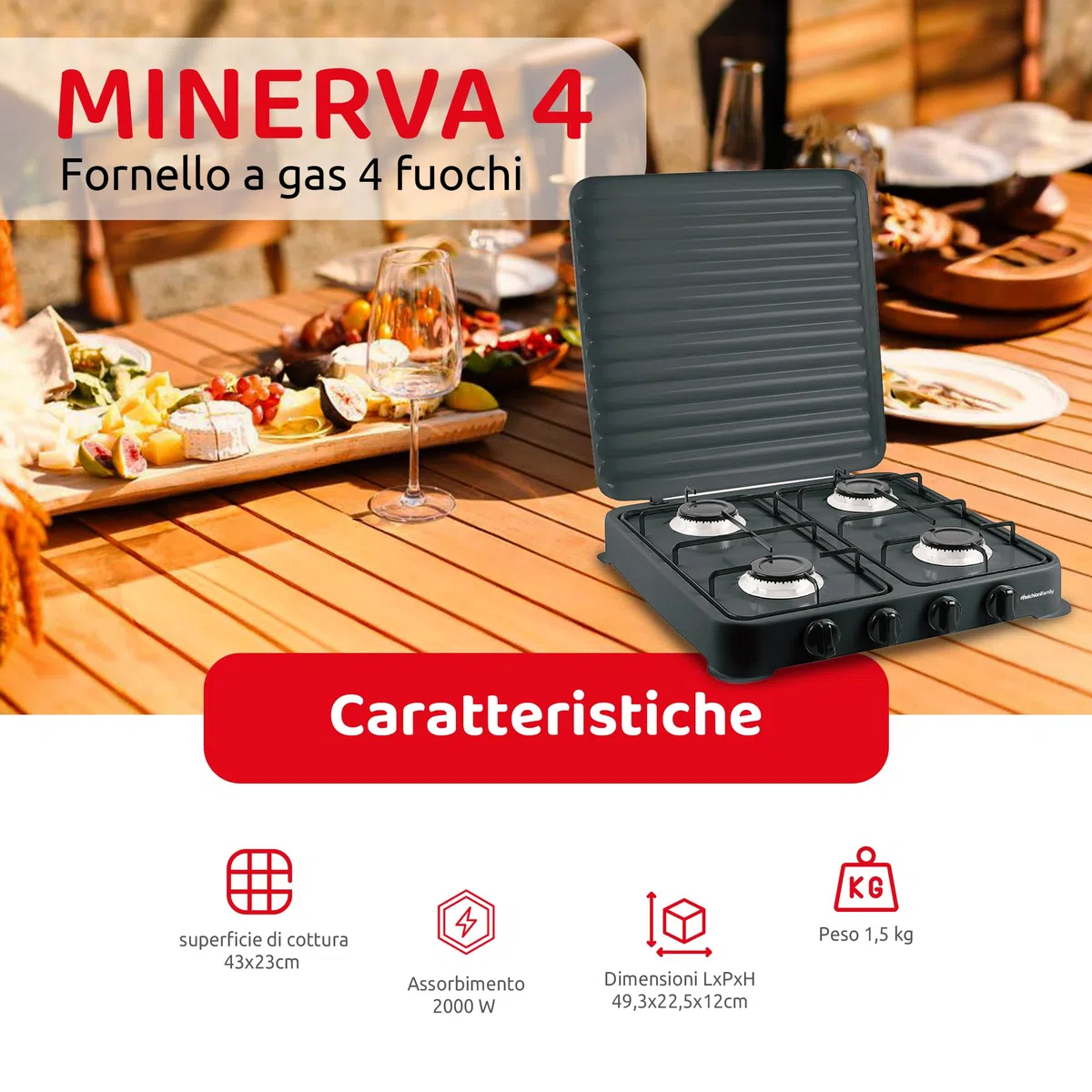 Melchioni Family | Fornello a Gas Modello MINERVA NEW, Quattro Fuochi, Colore Nero, per Utilizzo Esterno, con Griglia e Fuochi Rimovibili e Coperchio