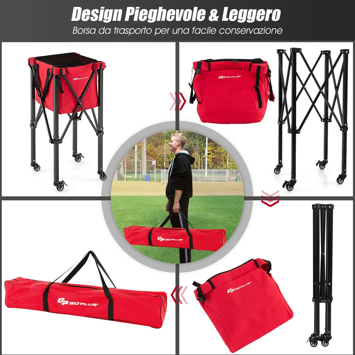 GYMAX Carrello Porta Palline da Tennis Pieghevole in Alluminio e Tessuto Oxford con Capacità di 150 Palline e Sacca Rimovibile, Carrello da Tennis con Ruote per Allenamento, Rosso
