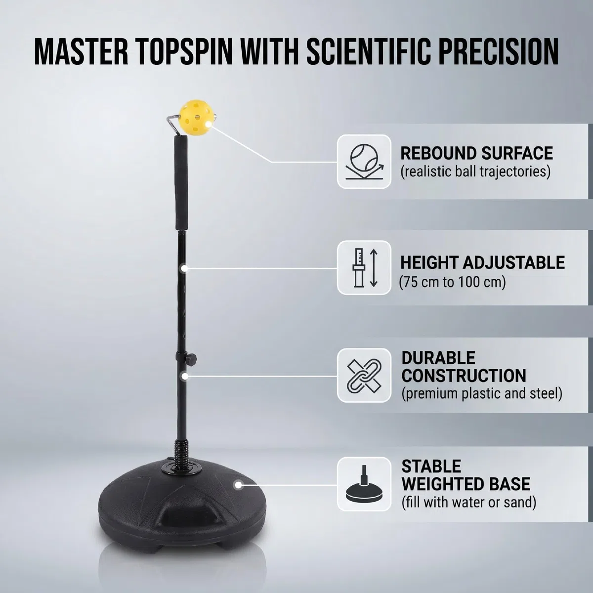 Tennis Topspin Trainer with Adjustable Height | Plastica resistente e acciaio, design di rimbalzo per colpi più profondi, supporto di base stabile per la pratica