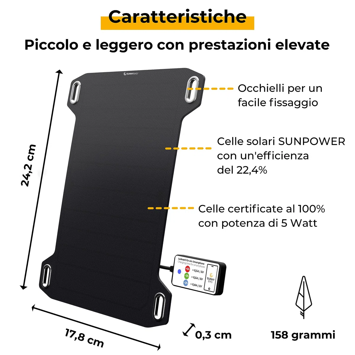 Sunnybag Leaf Mini | Caricatore solare portatile con potenza di 5 Watt | Ricarica ecologica con energia solare in viaggio | Ultra-leggero e impermeabile | Porta USB | Caricatore per telefono