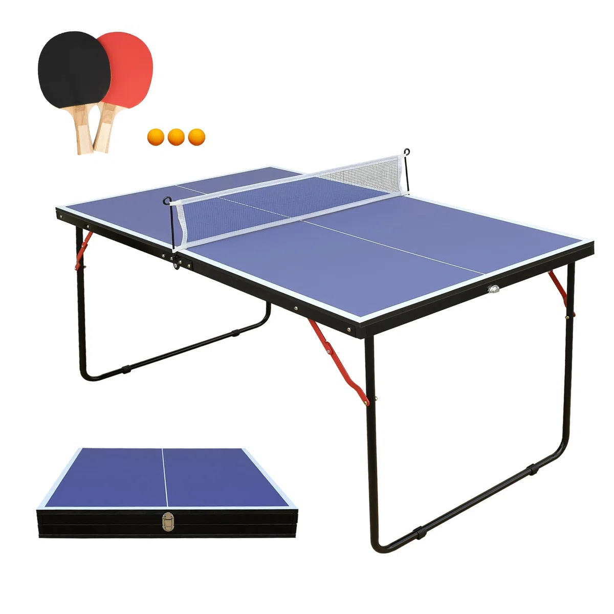 Generic KKB Sport - Tavolo da ping pong pieghevole da 1,5 m, portatile, per interni ed esterni, tavolo da ping pong di medie dimensioni con 2 pagaie, 3 palline e rete