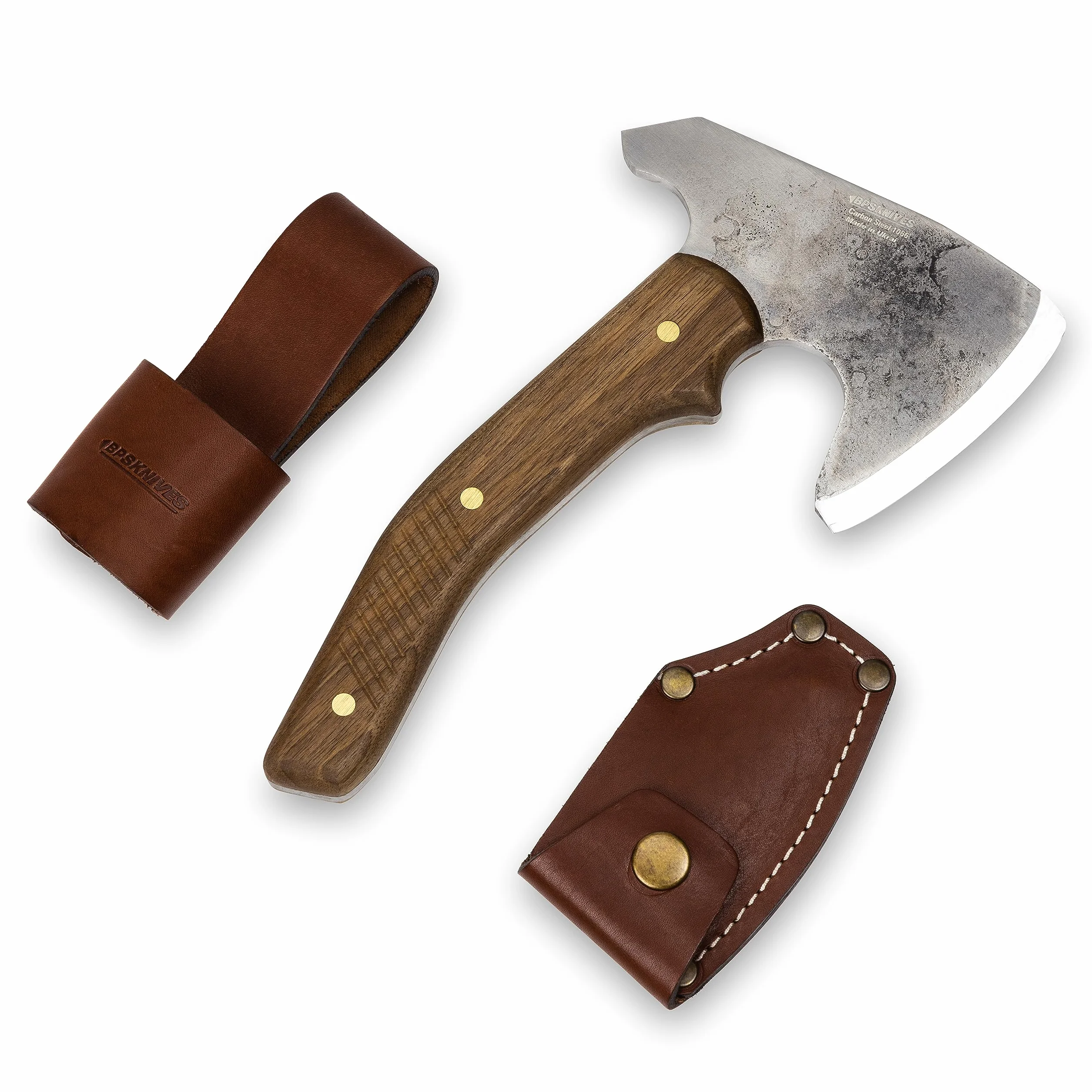 BPS Knives Ascia Bushcraft con Custodia in Pelle - Ascia da Campeggio a Piena Tang per Tagliare la Legna e per Giardinaggio - Accetta in Acciaio al Carbonio - Piccola Axe per Intaglio del Legno