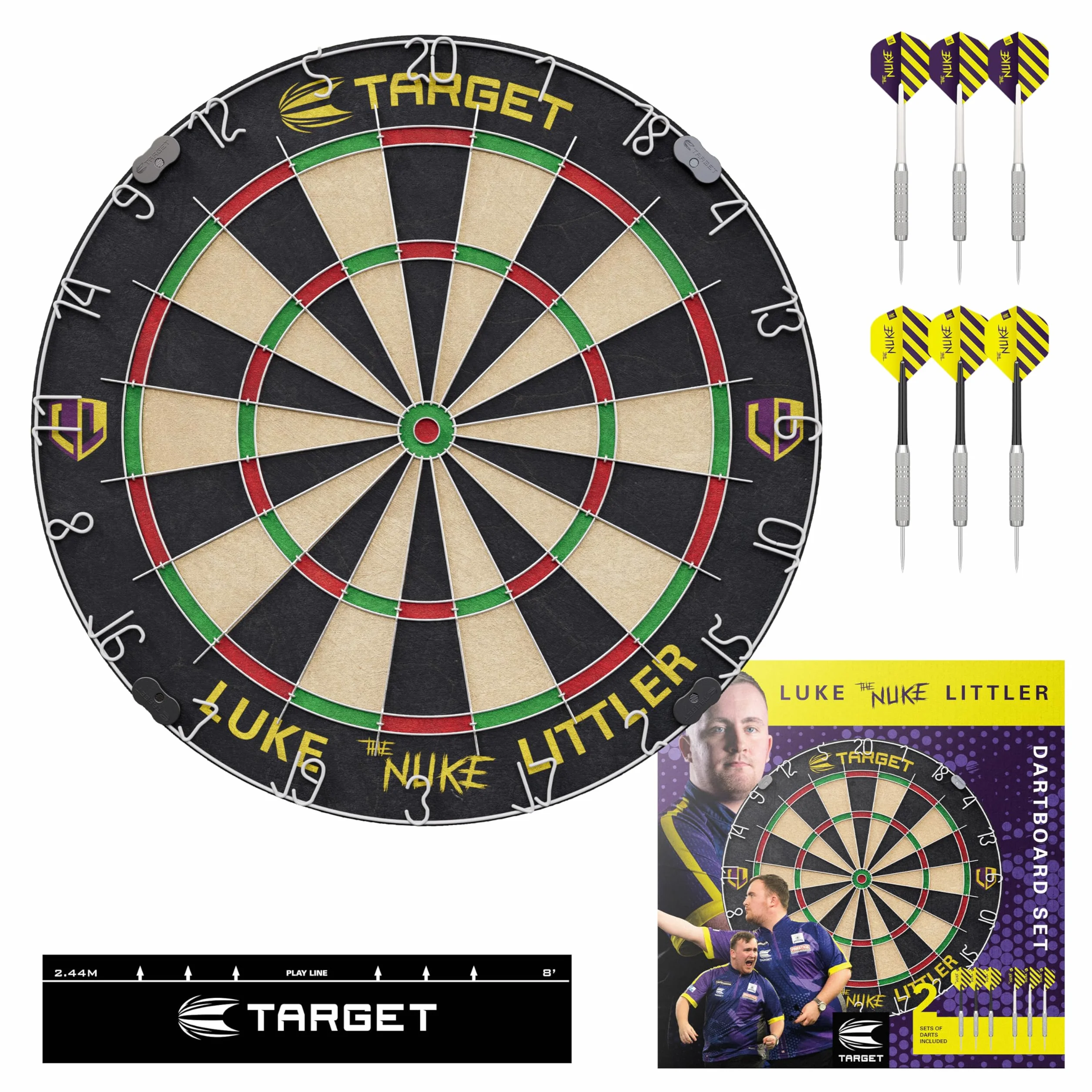 Target Darts Player Dartboard Set | Luke Littler/Dimitri Van den Bergh/Gabriel Clemens | Player Edition Dart Board con 2 Set di Freccette con punta in Acciaio, Linea di Lancio Standard da Competizione