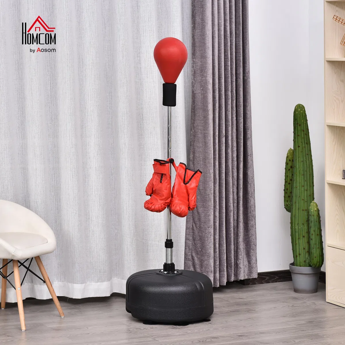 HOMCOM Punching Ball da Terra, Sacco da Boxe da Terra con Base Riempibile, Ventose e Guantoni, Altezza Regolabile 4 Livelli da 136-154 cm, Speed Bag per Home Gym Casa e Palestra