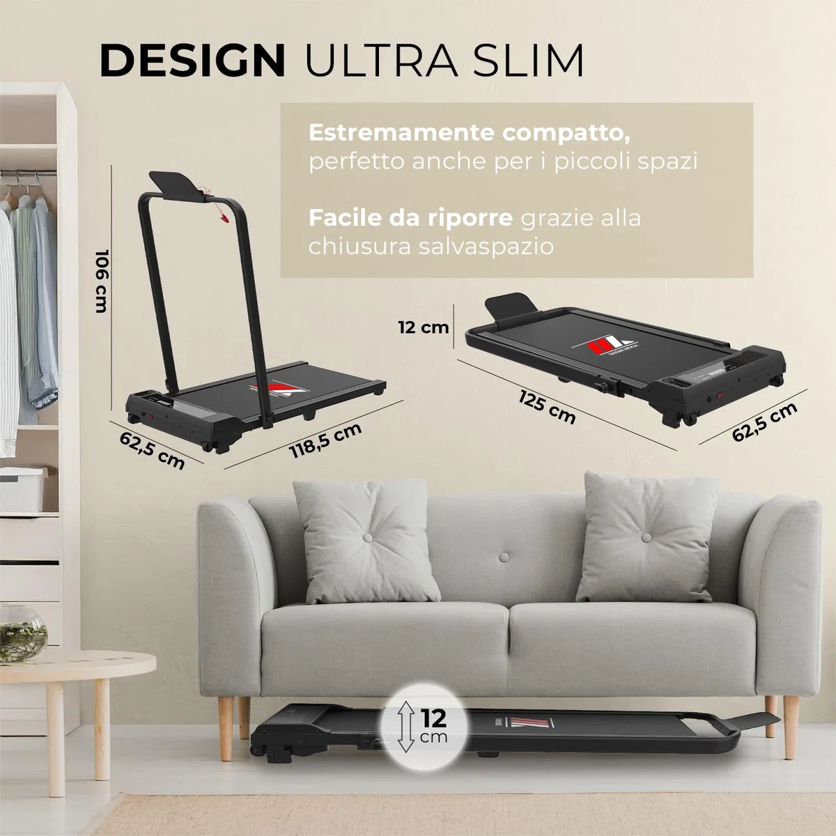 YM Tapis Roulant Salvaspazio 12 km/h, MARCHIO ITALIANO, Inclinazione, Telaio rinforzato, Elettrico, Pieghevole, 12 Programmi, Your Move ASSISTENZA ITALIA, Mod. 2026
