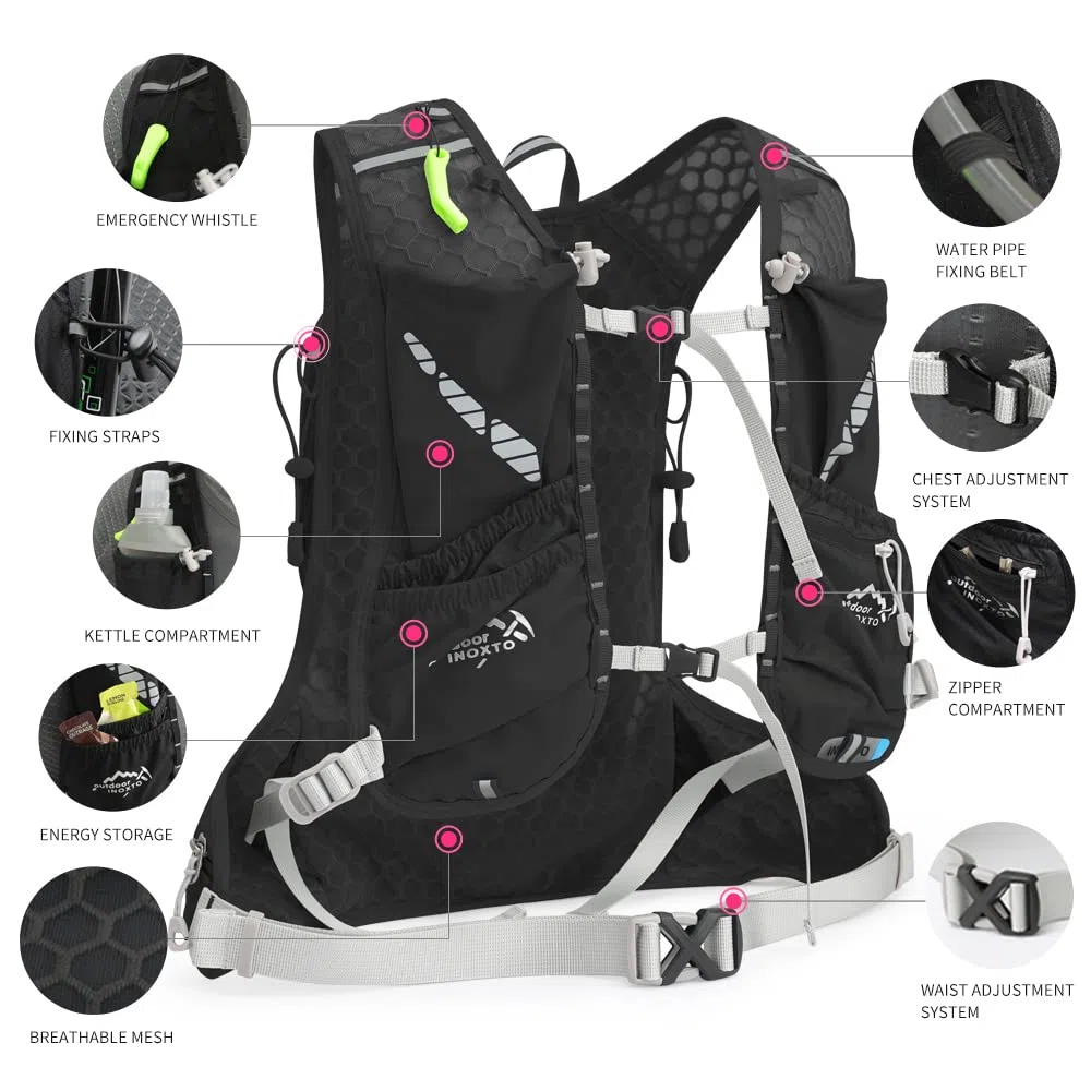 IX INOXTO Gilet idrico da corsa per uomo e donna, zaino per corsa, 3 l, per corsa, corsa, trail running, maratona, corsa, escursionismo (nero bianco)