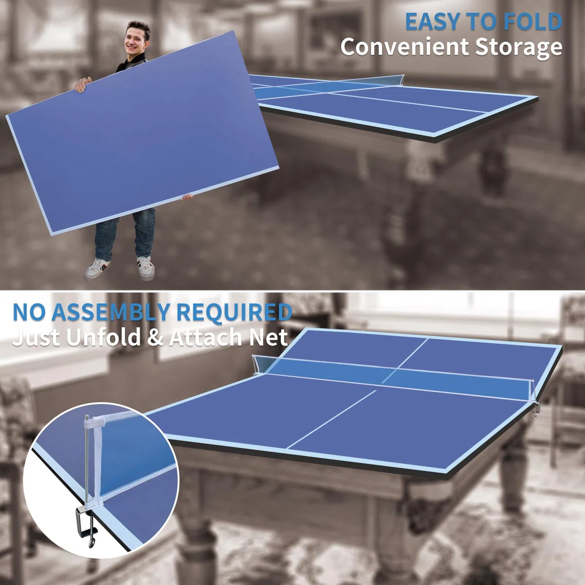 Tavolo da ping pong pieghevole per esterni e interni, resistente alle intemperie, in MDF da 12 mm, per casa, blu, 244 x 122 cm