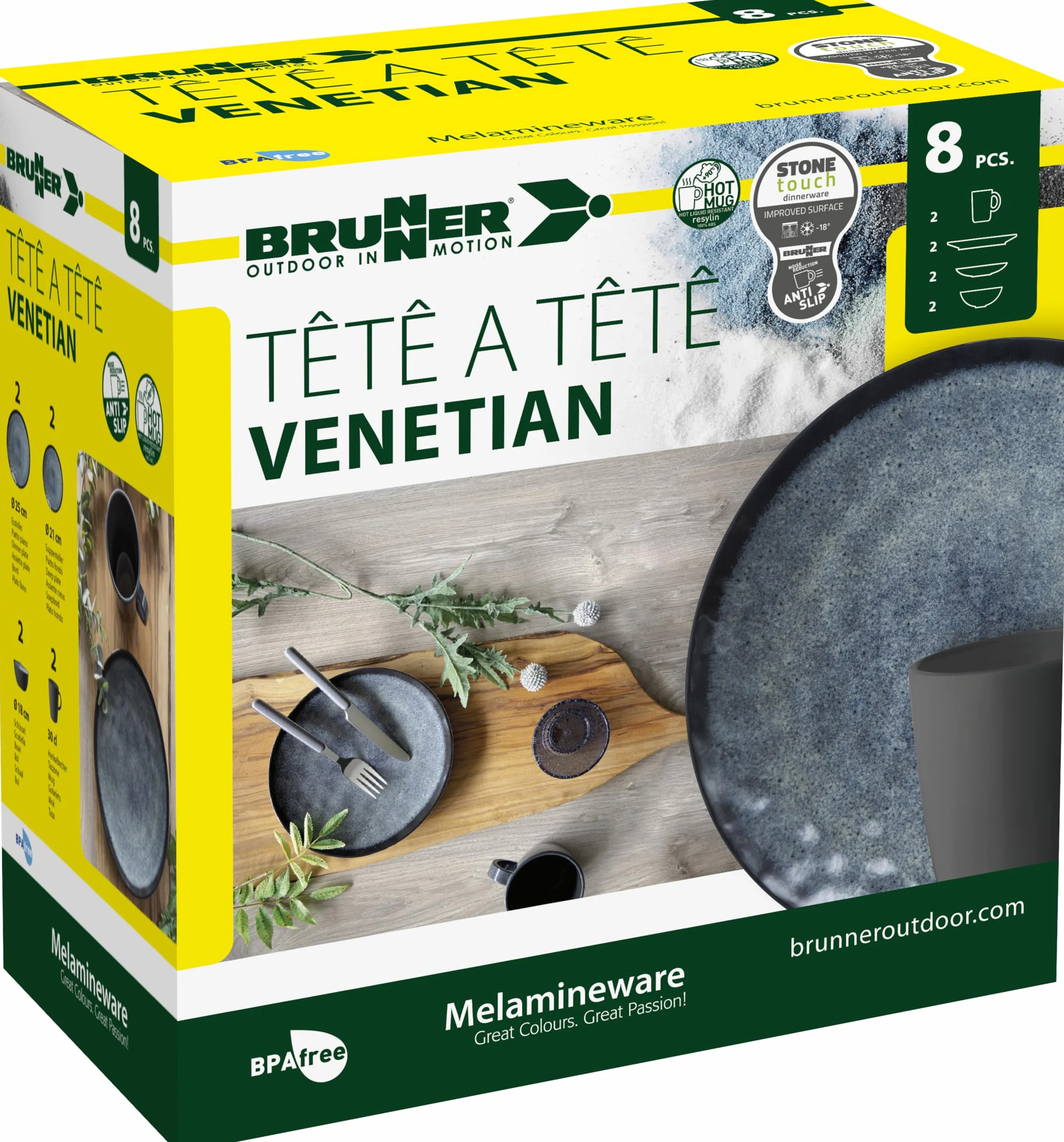 BRUNNER 0830143N.C9X Set Stoviglie da Campeggio per 2 Persone, Tête-À-Tête Venetian, 8 Pezzi