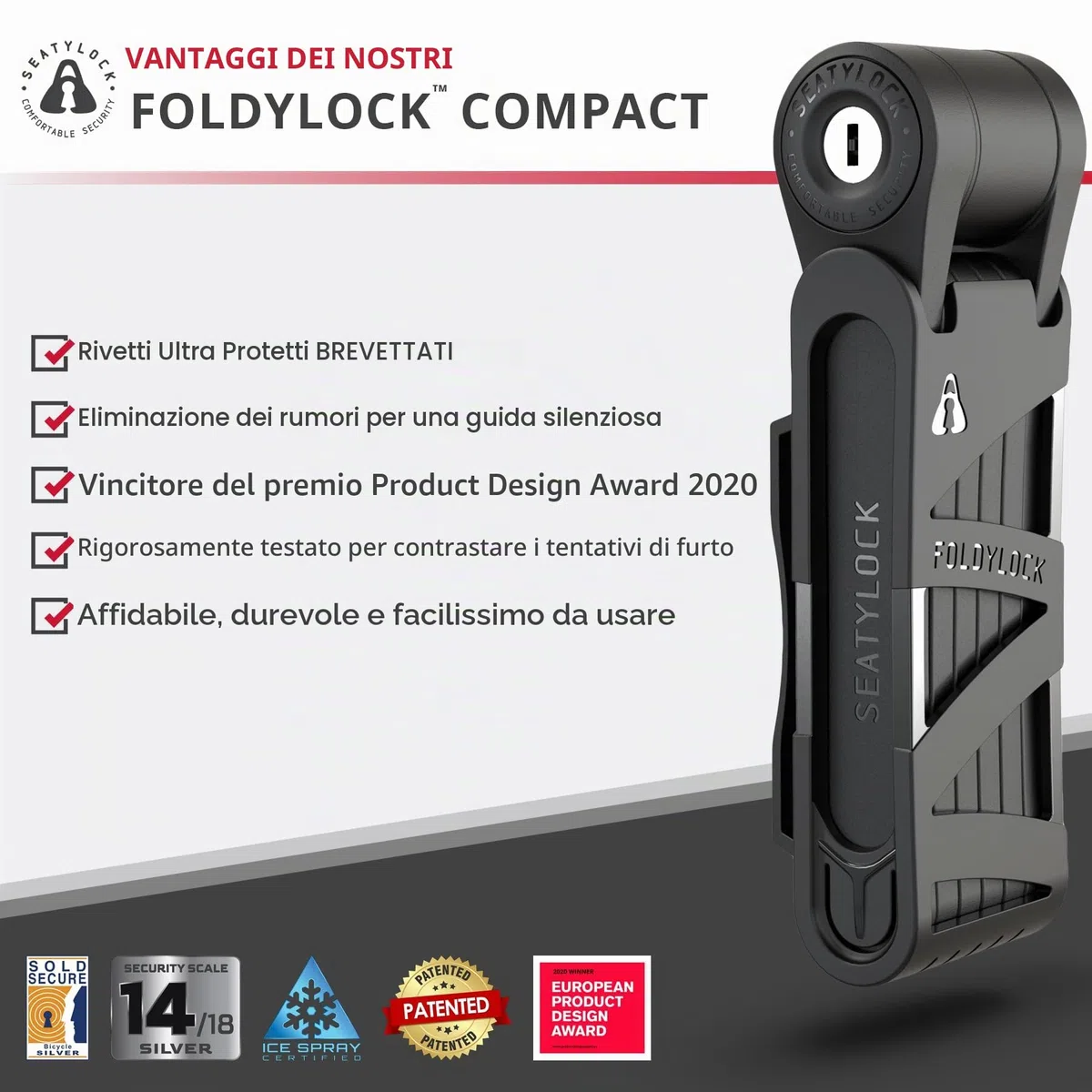 Seatylock FoldyLock - Lucchetto pieghevole compatto e leggero, 85 cm | Lucchetto per bicicletta ad alta sicurezza, resistente, con chiavi e custodia, per biciclette o scooter