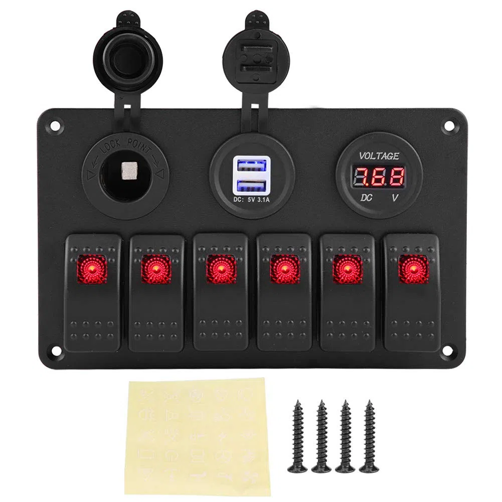 Interruttore a bilanciere, 12V 24V 6 Gang Car Boat Marine LED Interruttore a bilanciere Pannello Doppio USB Voltmetro Accendisigari(Rosso)