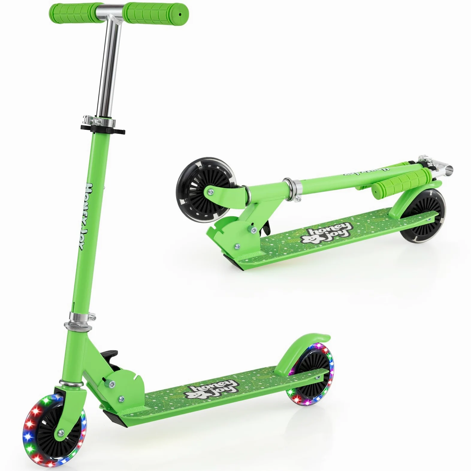 COSTWAY Monopattino Bambini, Monopattini a Spinta con 2 Ruote Lampeggianti, Manubrio e Freno, Monopattino Pieghevole e Regolabile in 3 Altezze per Bambini e Bambine +3 Anni (Verde)