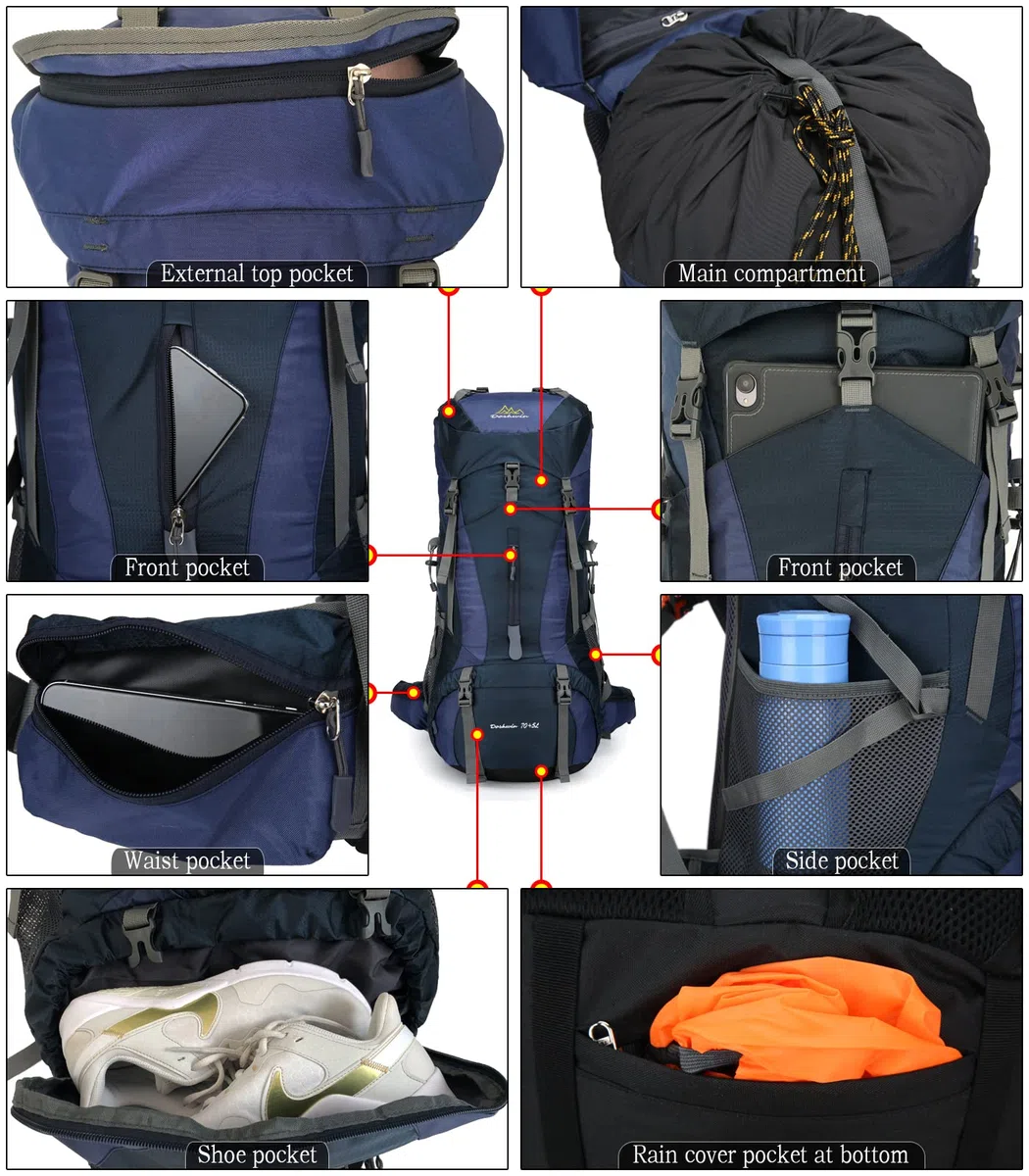 70 + 5L Zaino da Campeggio Trekking Escursionismo Viaggio (con Parapioggia)