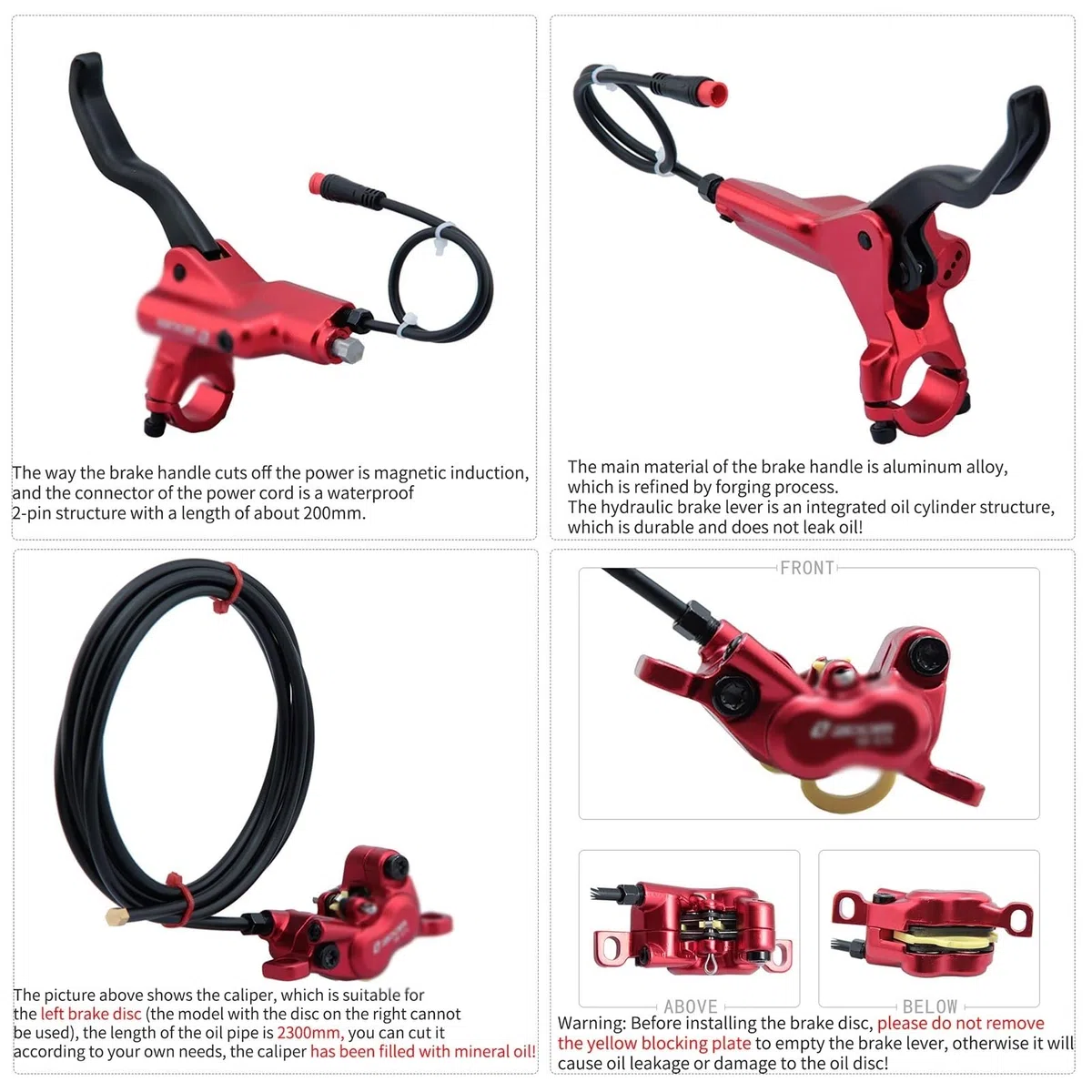 Set Freni A Disco Idraulici per E-Bike A 4 Pistoncini con Rotori da 203mm Kit Freni con Spegnimento A 2 Pin con Tubo da 2300mm/adattatore/strumenti(Red-203mm)