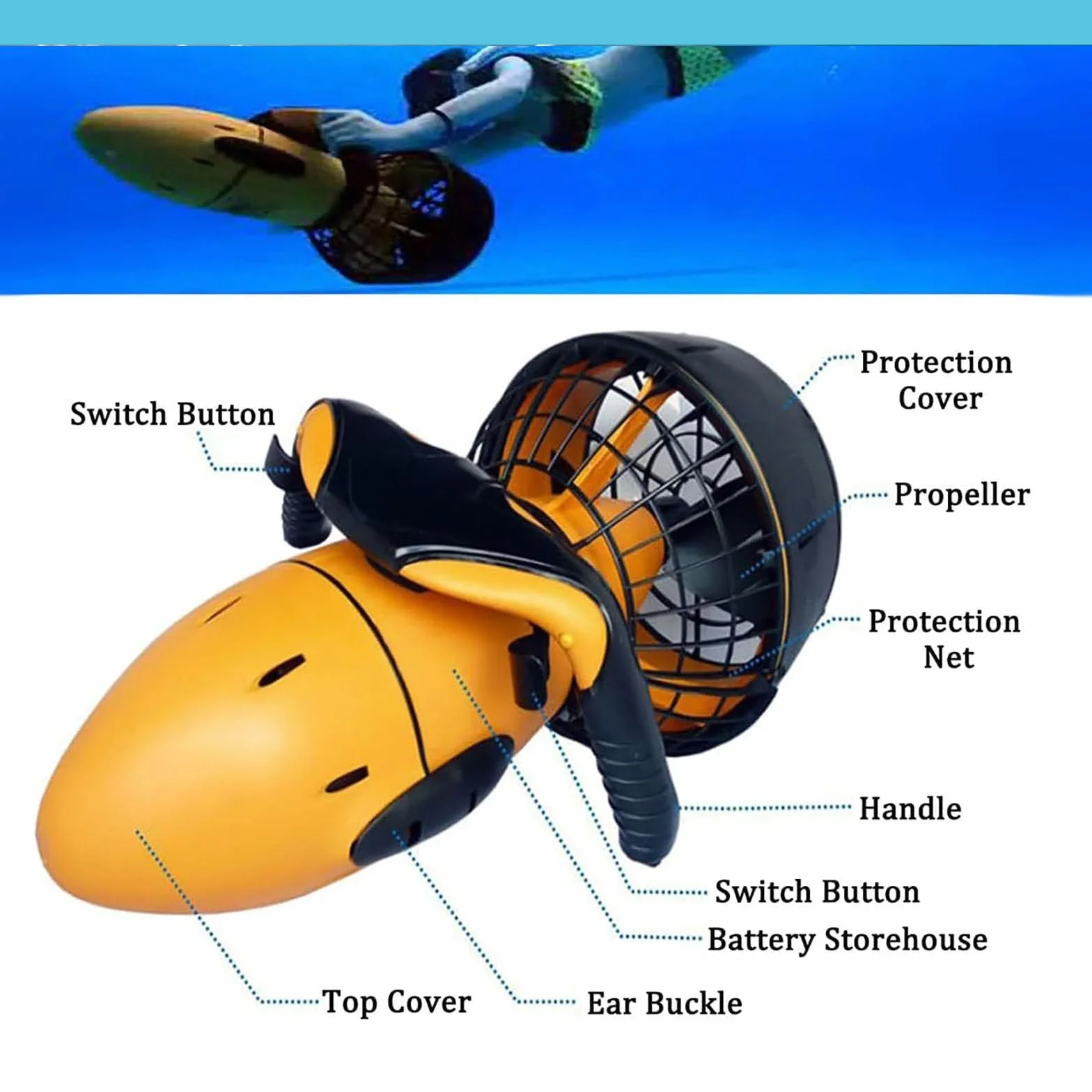 Elica Subacquea, Scooter subacqueo 500W a Doppia velocità, elica per Piscina, Bici elettrica Subacquea per Piscina, Attrezzatura Sportiva per Nuoto, Immersioni, Snorkeling, Mare