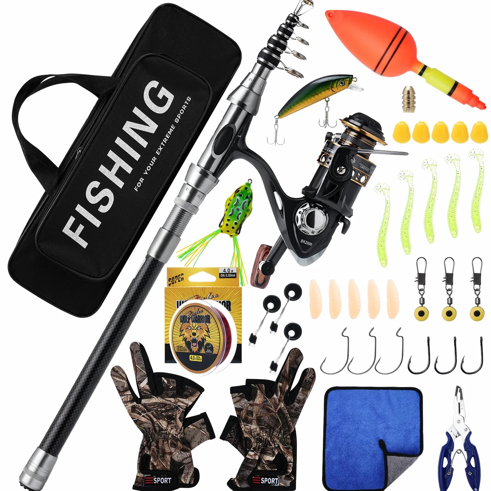 Set Combinato Canna da Pesca Telescopica e Mulinello, Kit Completo con Lenza, Accessori per Esche, Borsa per il Trasporto - Combo per Pesca