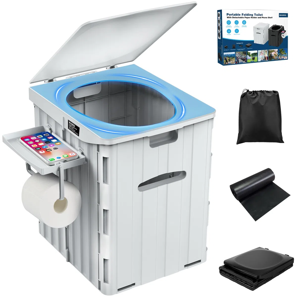 WADEO WC da Campeggio, [XXXL] [Portata Max 181 KG] Portatile e Pieghevole, Sedia Confortevole e Supporto Robusto, Gabinetto da Viaggio per Persone Pesanti, Grandi, Anziani