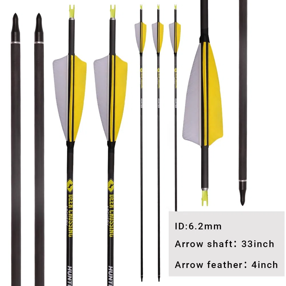 12 Pezzi ID 6,2 mm Frecce da Caccia, Spine 300 350 400 500 600 700 800 Freccia di Tiro con L'Arco, 4 Pollici Piuma di Tacchino Freccia in Puro-Carbonio