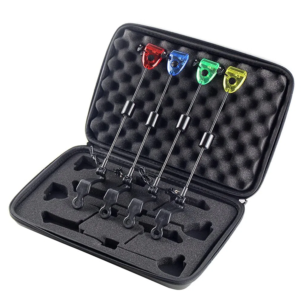 4pcs Allarme da Pesca Allarme Swinger LED Indicatore Illuminato Carpa Swingers Swingers Glassing Bobine 4 Colori Carpa Accessorio Strumenti di Pesca in Custodia zippata